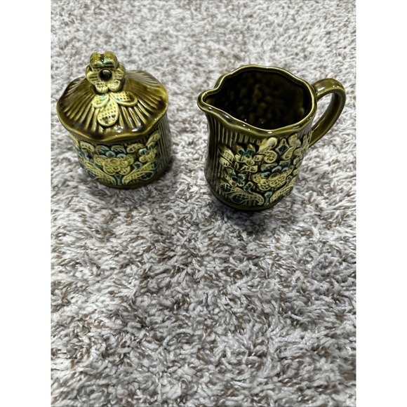 Vintage Tilso sugar‎ creamer set, Japan ceramics, avocado green gold - Picture 1 of 5